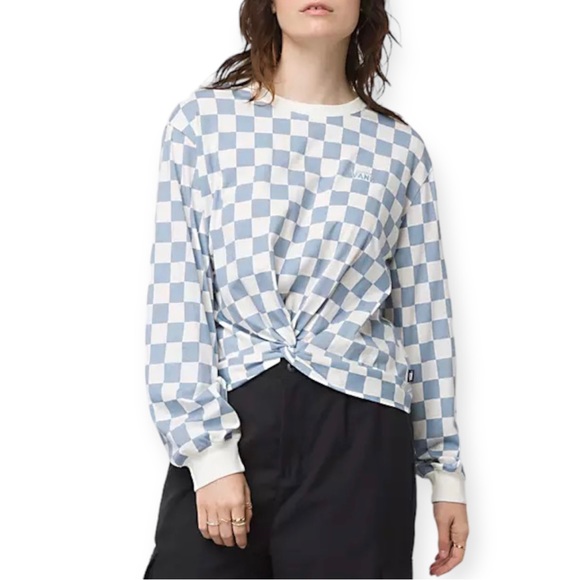 VANS Off The Wall Tee Knotty Long Sleeve Checkered Print Ashley Blue T-Shirt - Picture 2 of 5